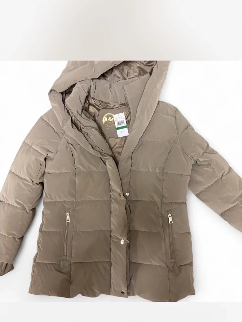 Michael Kors Quilted Puffer Coat with Hood in Taupe with Gold Zippers Size L NWT